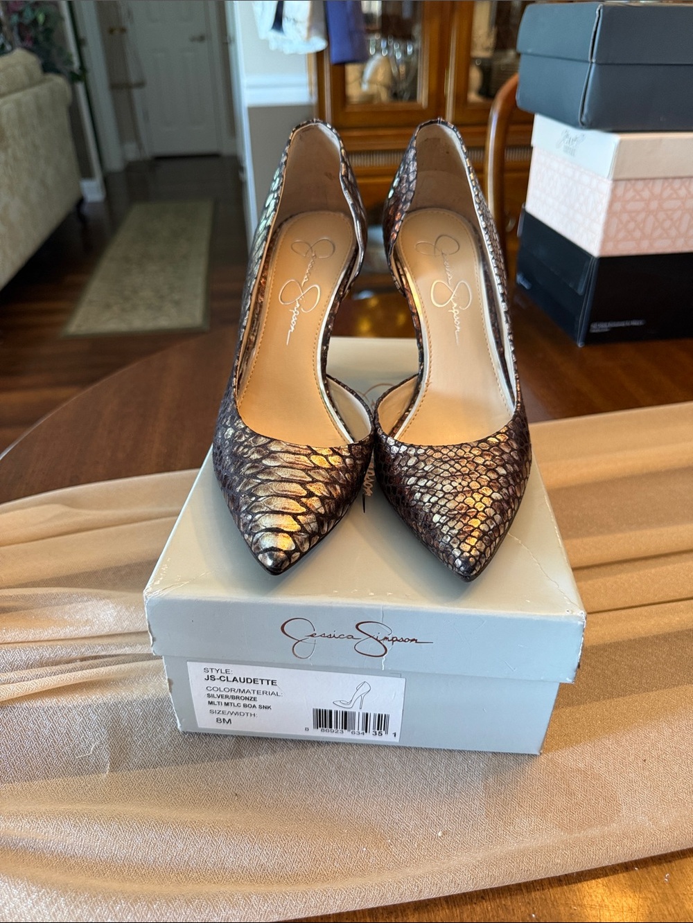 Jessica Simpson Iridescent Bronze Snake-Print Pointed Toe Pumps